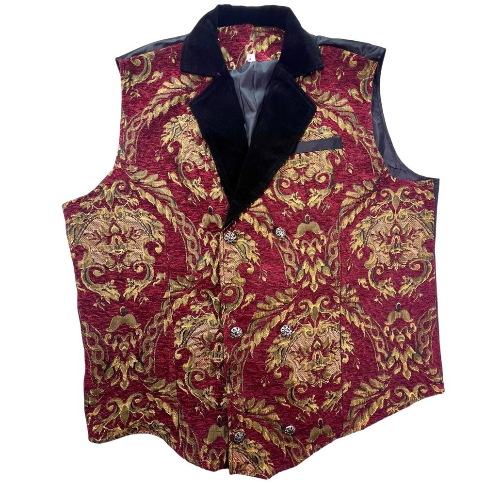Brocade Tapestry Vest Mens 3XL Burgundy Gold Ren Faire Renaissance Waistcoat